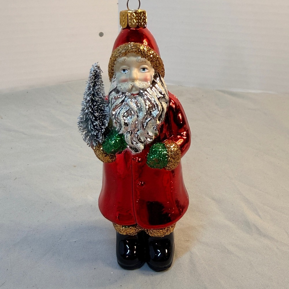 Vintage Style Red Metallic Santa Claus Christmas Ornament with Bottle Brush Tree